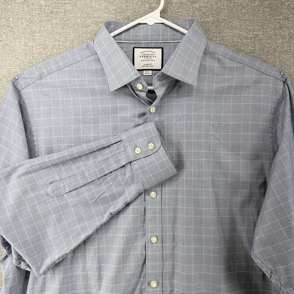 Charles Tyrwhitt Classic Fit Dress Shirt Men Size 18/35 Blue Plaid Long Sleeve